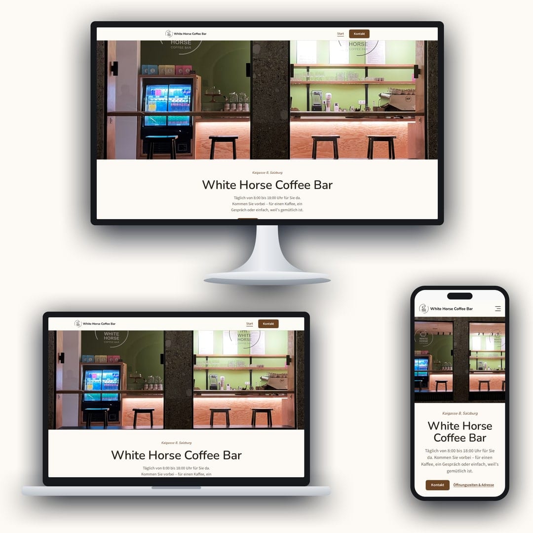 Voorbeeld van een met Sangama.ai gemaakte website van White Horse Coffee Bar, getoond op beeldscherm, laptop en smartphone