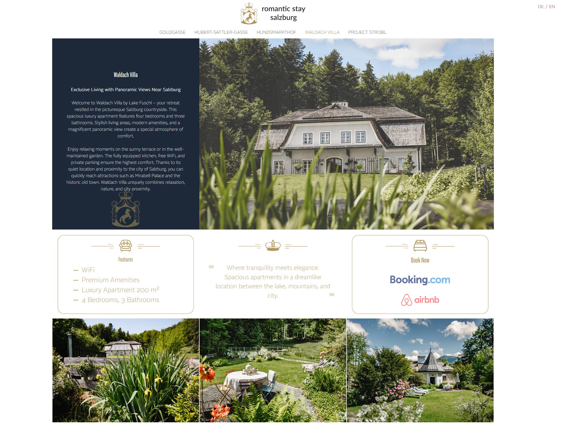 Voorbeeld van een uitgebreide website met meerdere subpagina's, fotogalerij en boekingslinks voor een vakantievilla